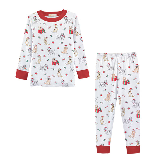 Children's pajama set with dog and gift print on a white background
