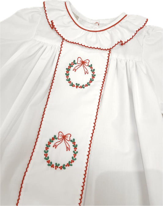 White Christmas Wreath Embroidered Baby Day Gown