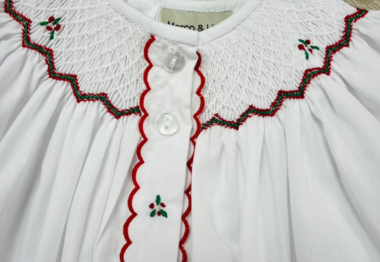 White Christmas Smocked Bishop Baby Day Gown