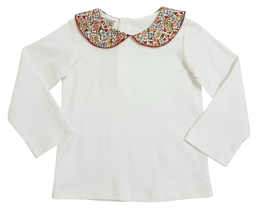 Celine & Lucas Floral Collar Girl's White Knit Top