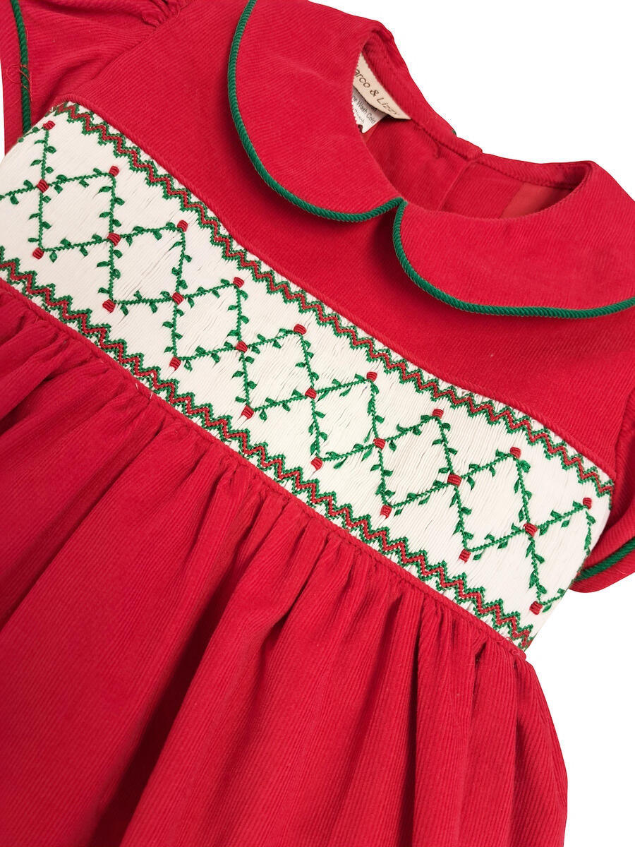 Christmas Time Red Corduroy Smocked Collared Dress