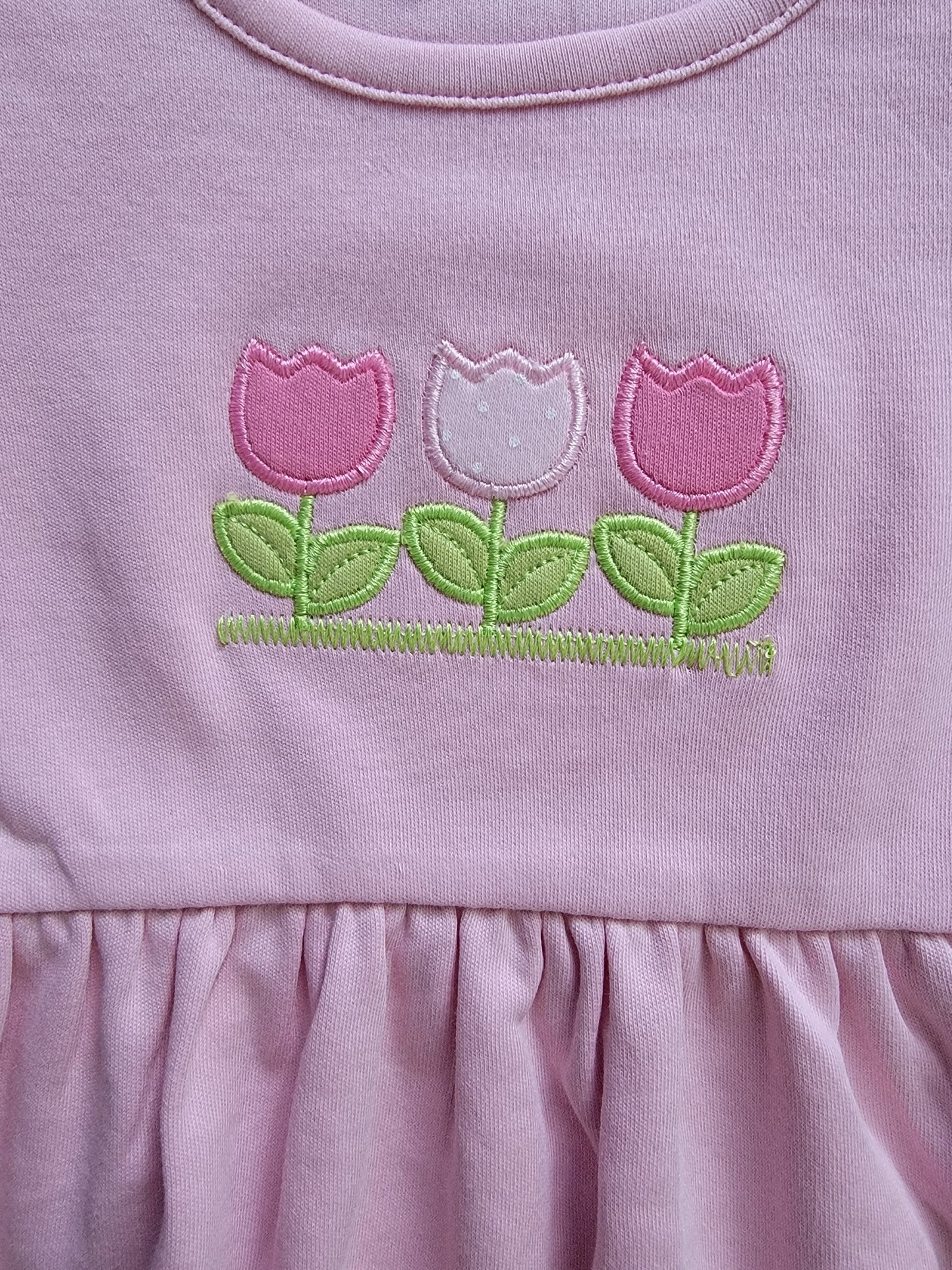 Short Cap Sleeve Pink Dress with 3 Tulips Applique
