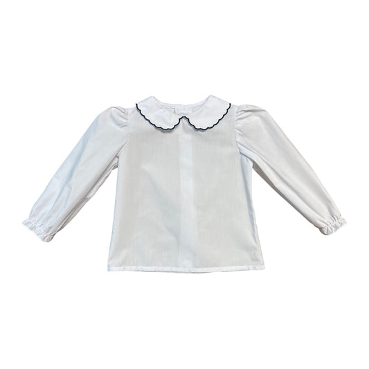 Kendall Navy Scallop Trim Collar Long Sleeve White Broadcloth Blouse