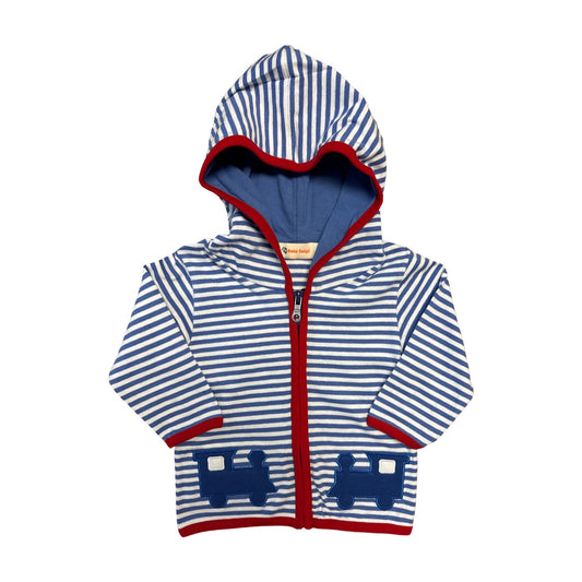 Zip Hoodie, Dark Chambray Stripe & Red Trim with Train Appliques