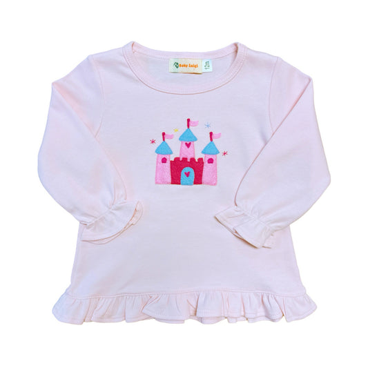 Girl's Long Sleeve Pink Ruffle Swing Top, Castle Applique