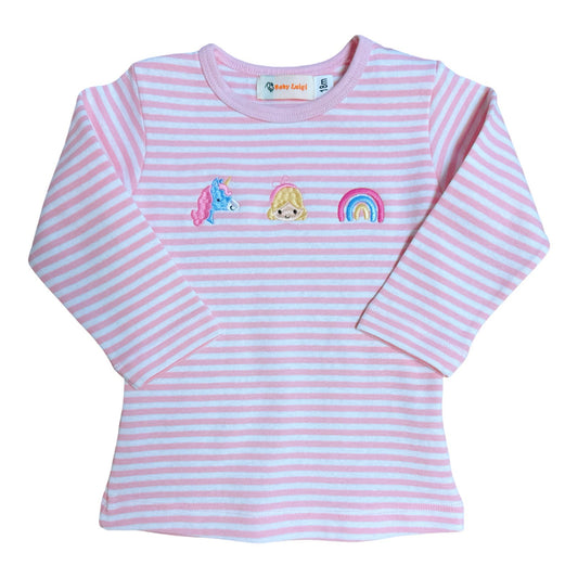 Girl's Long Sleeve Unicorn, Girl, Rainbow Pink Stripe T-Shirt