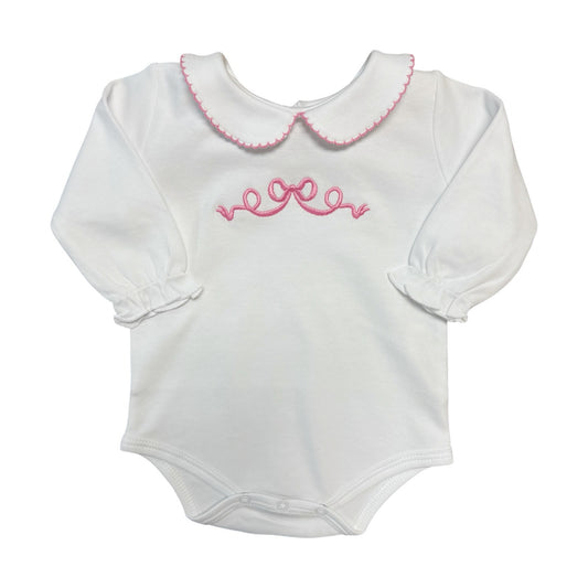 Girl's L/S Collared Embroidered Bubblegum Pink Bow Onesie