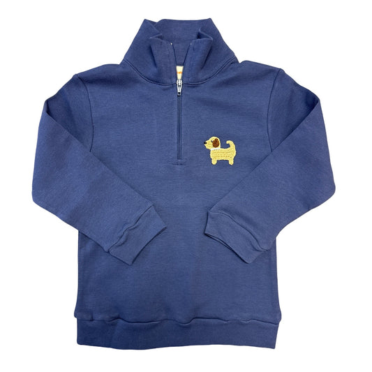 Boy's 1/4 Zip Knit Top, Dark Royal with Crochet Puppy