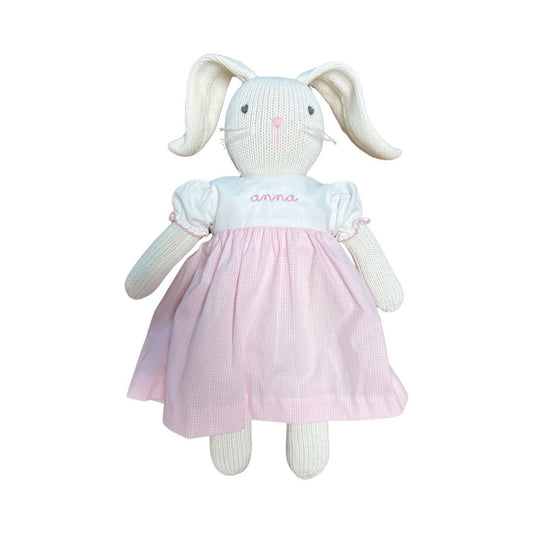 Hand-Knit Bunny Girl, Mini Gingham Embroidered Dress