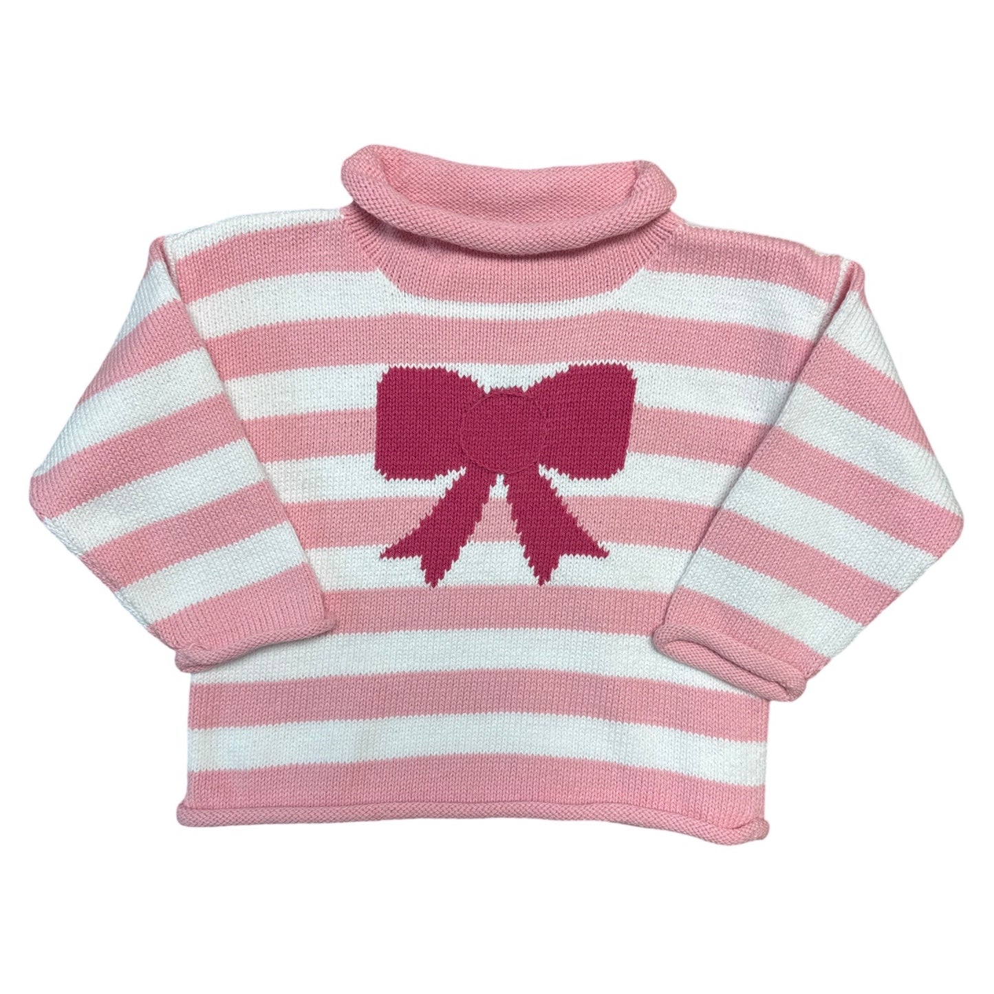 Rollneck Pink Stripe Sweater with Hot Pink Bow