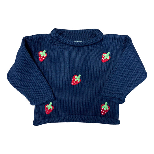 Rollneck Twilight Blue Sweater with Crochet Strawberries