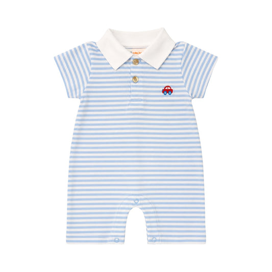 Short Sleeve Striped Embroidered Romper, Car
