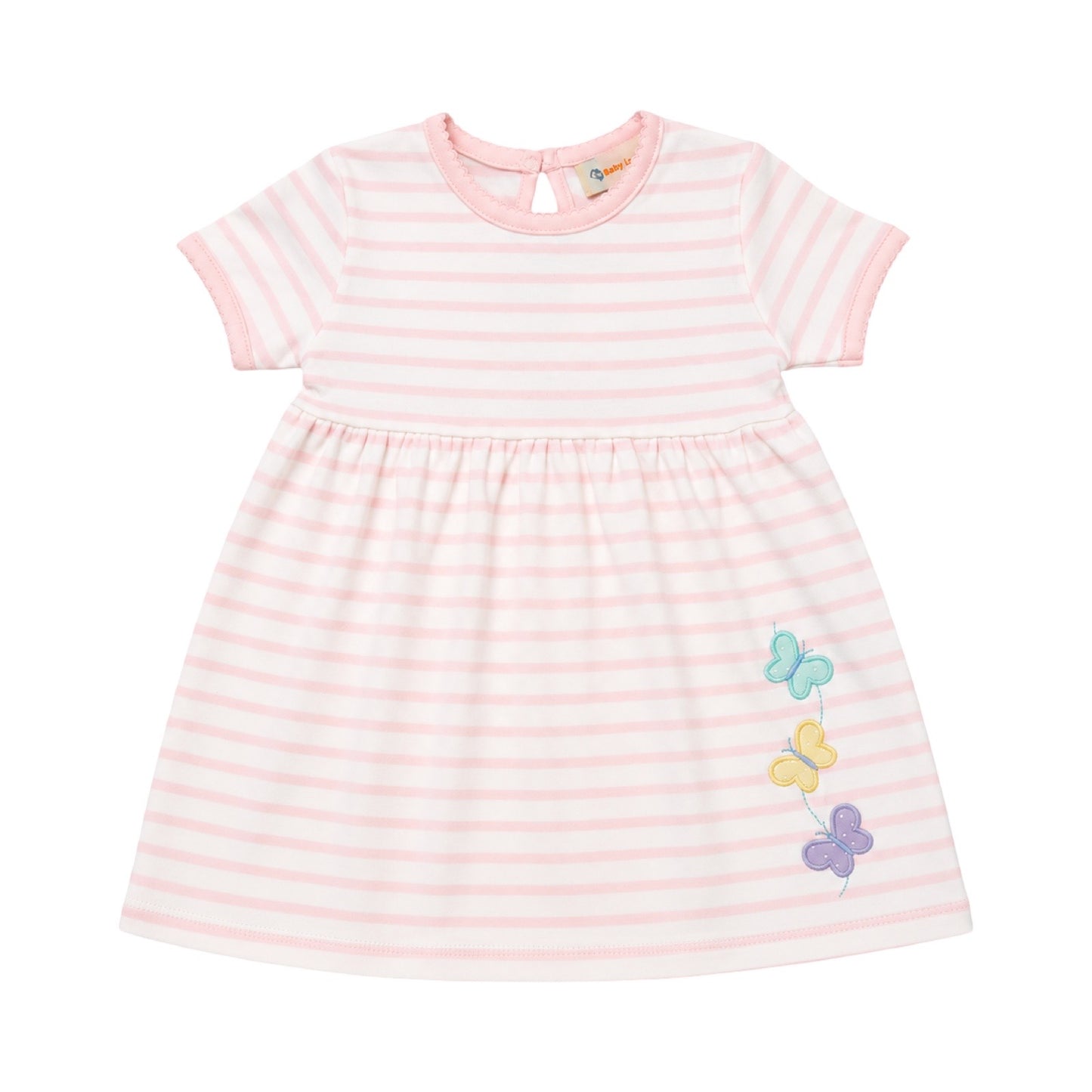 Short Sleeve Striped Applique Play Dress, Butterflies