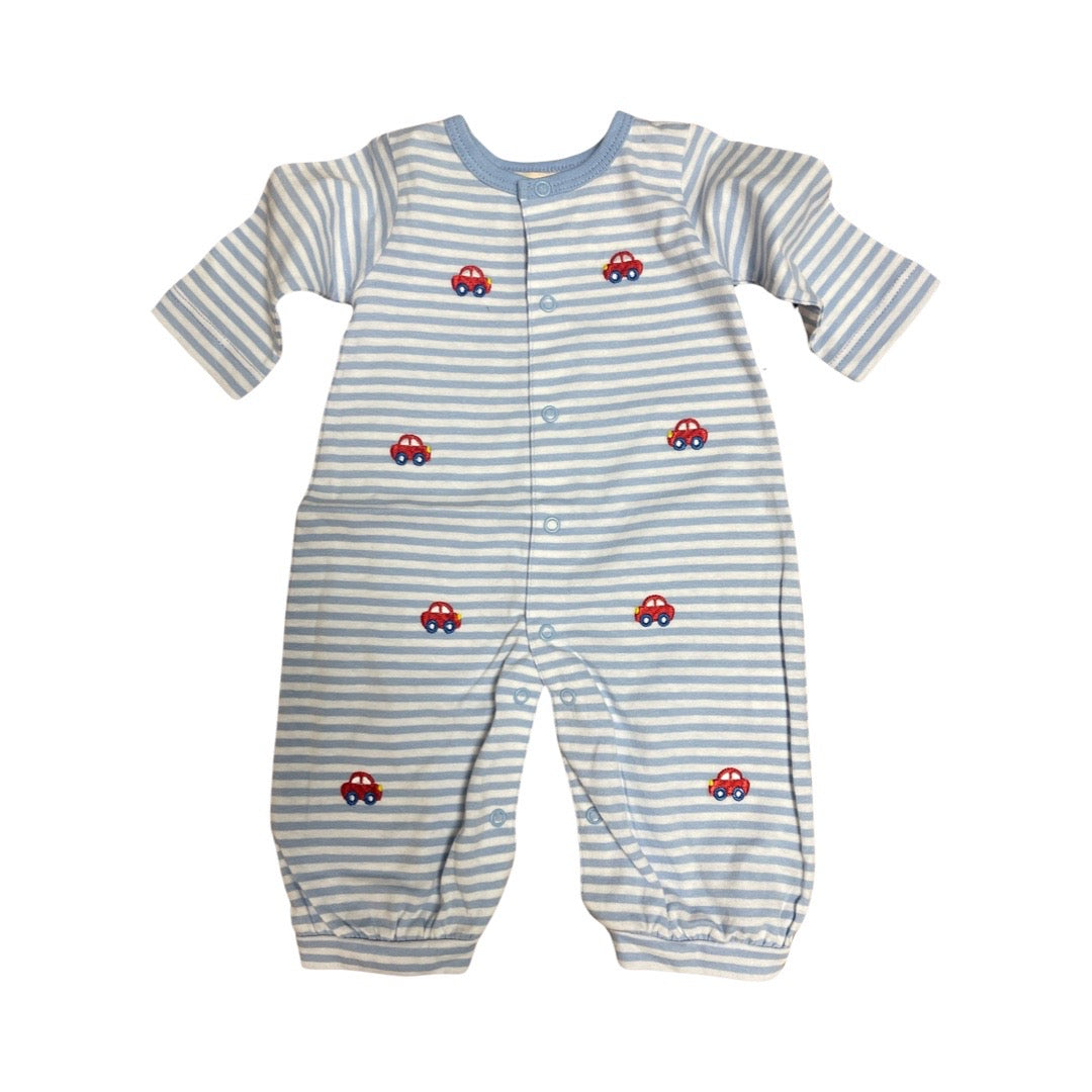 Long Sleeve Blue & White Striped Romper with Embroidered Red Cars