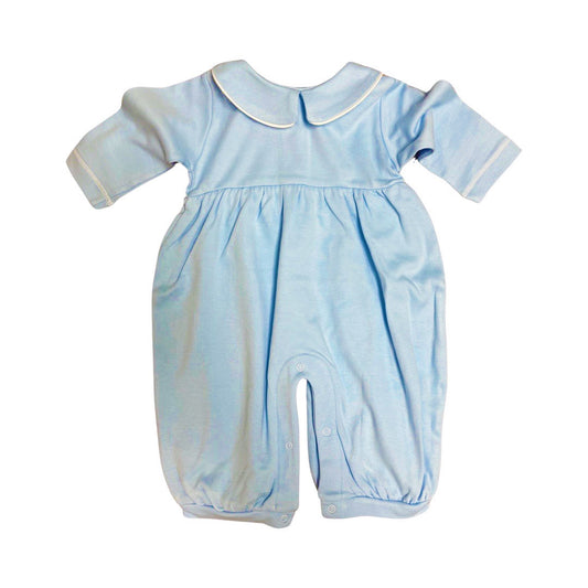 Boy's Long Sleeve Collared Playsuit, Blue with White Piping Trim