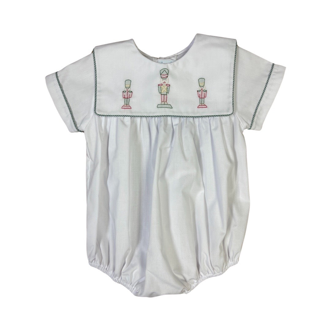 Short Sleeve White with Green Square Collar Bubble with Toy Soldier Embroidery