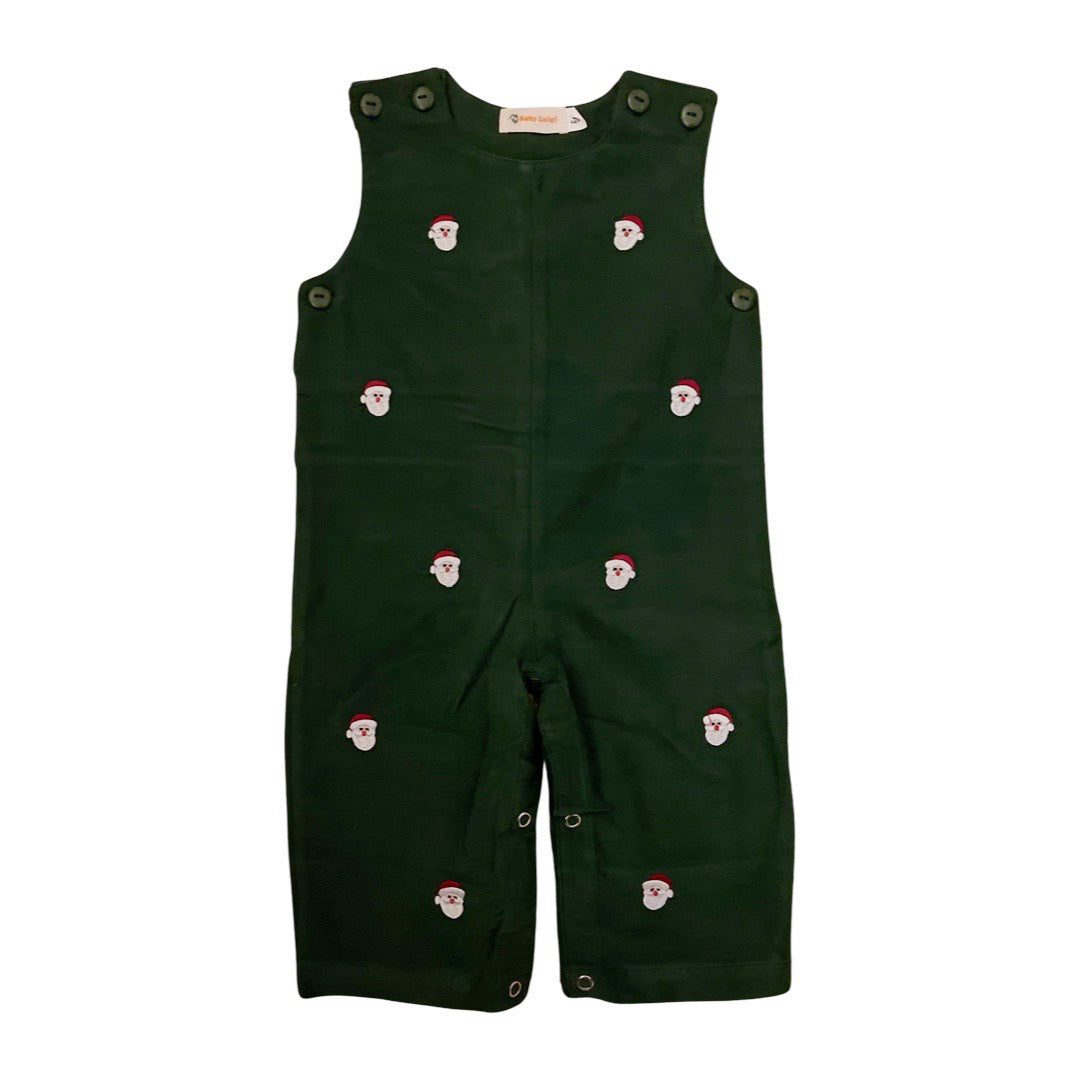 Boy's Corduroy Hunter Green Overalls with All Over Santa Embroidery