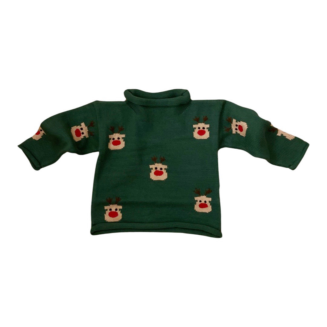 Green Rollneck Sweater with All Over Reindeer