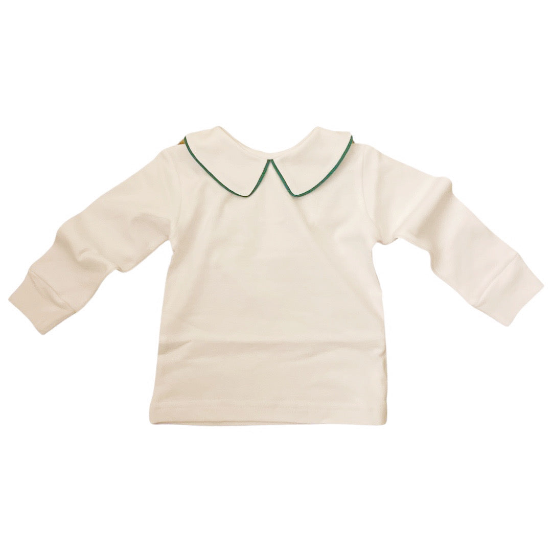 Boy's Long Sleeve Basic Knit Top, White with Green Piping