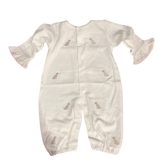 Long Sleeve Polka Dot Romper with Embroidered Puppies and Pink Trim