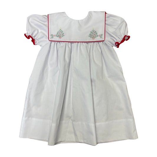 Short Sleeve Dress, Square Bib with Embroidered Trees
