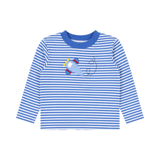 Long Sleeve Striped Applique T-Shirt, Airplane