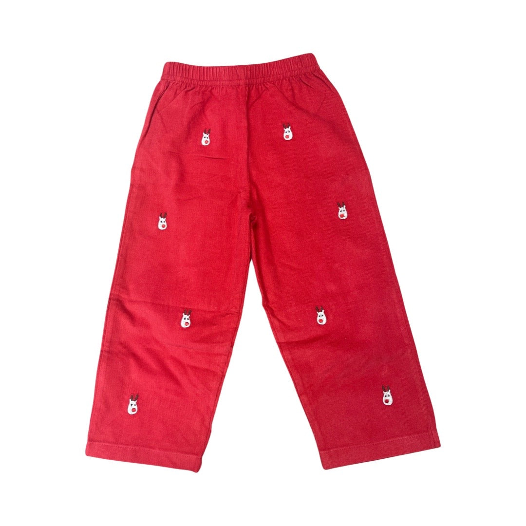 Boy's Reindeer Embroidered Red Corduroy Pants