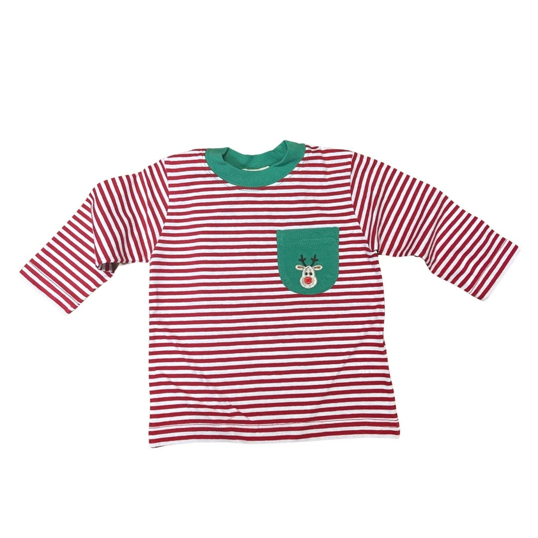 Boy's Long Sleeve Red Stripe T-Shirt with Green Pocket With Reindeer Embroidery