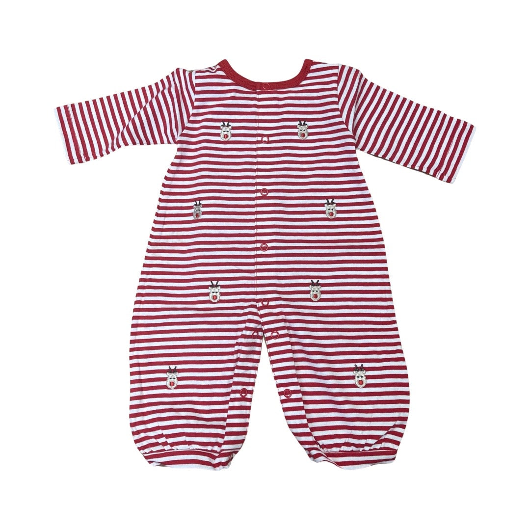 Long Sleeve Red & White Striped Romper with Embroidered Reindeer