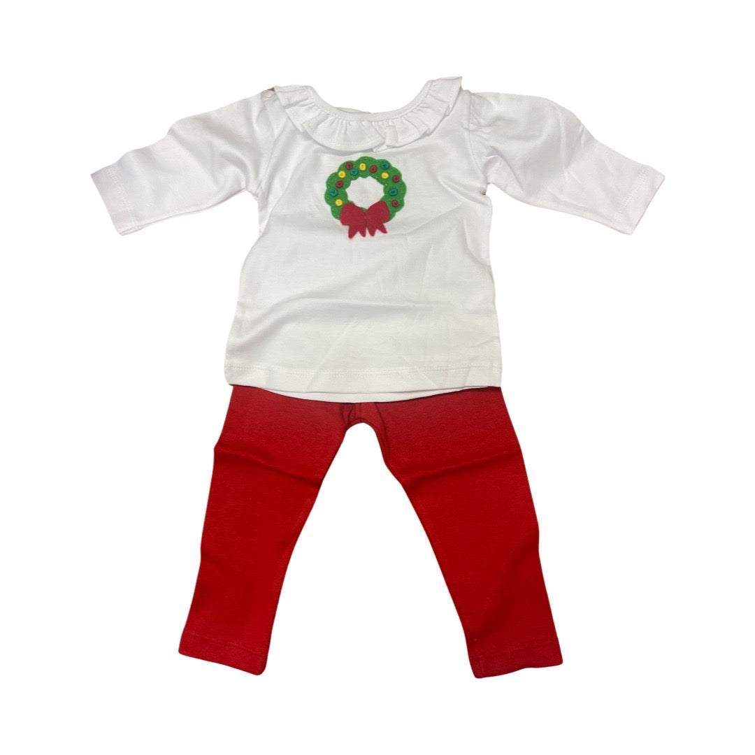Red Legging Set with Applique Wreath Long Sleeve Top