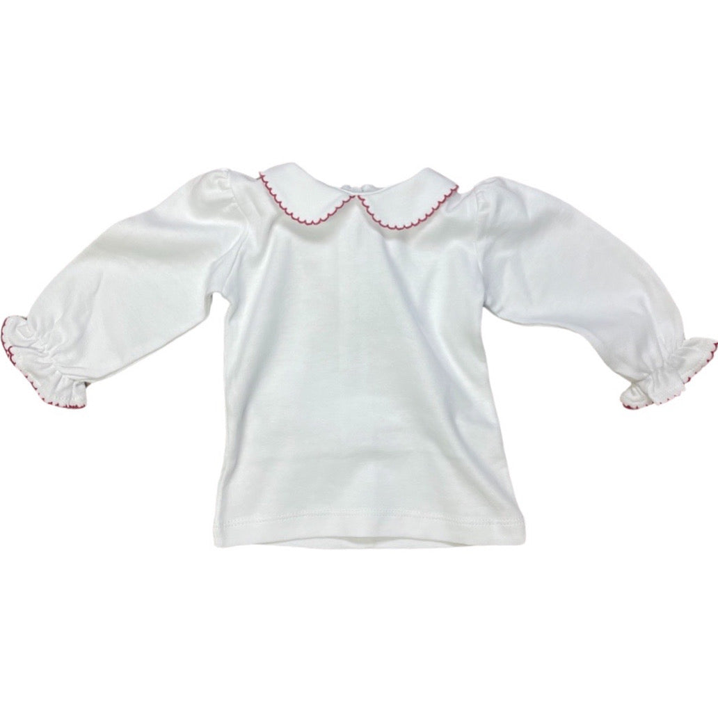 Girl Long Sleeve Collared Back Zip Shirt, White with Red Trim