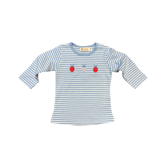 Girl's Long Sleeve Embroidered Ladybugs Blue Stripe T-Shirt