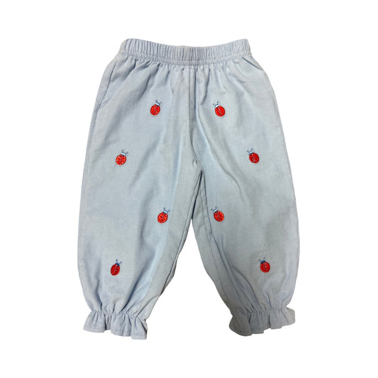 Girl's Corduroy Blue Cinched Ruffle Pants with Ladybug Embroidery