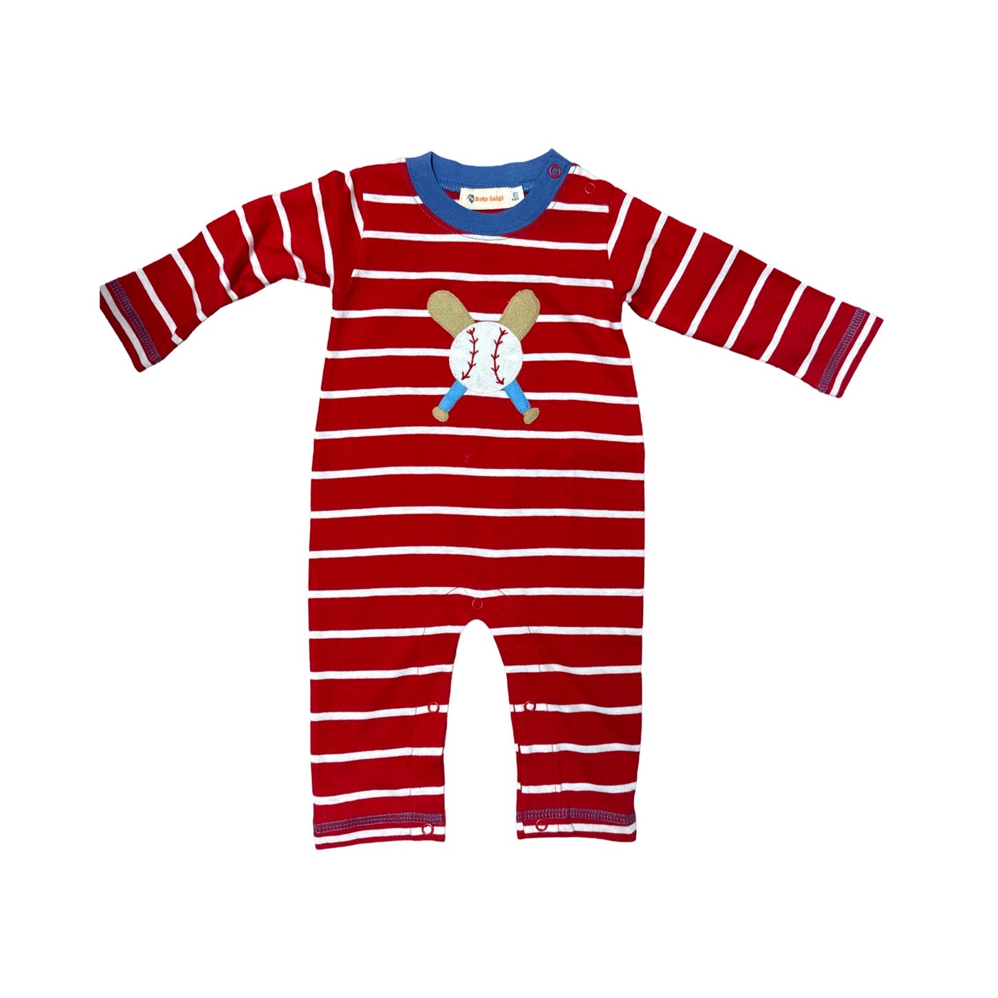 Boy's Long Sleeve Red Stripe Playsuit with Baseball & Bats