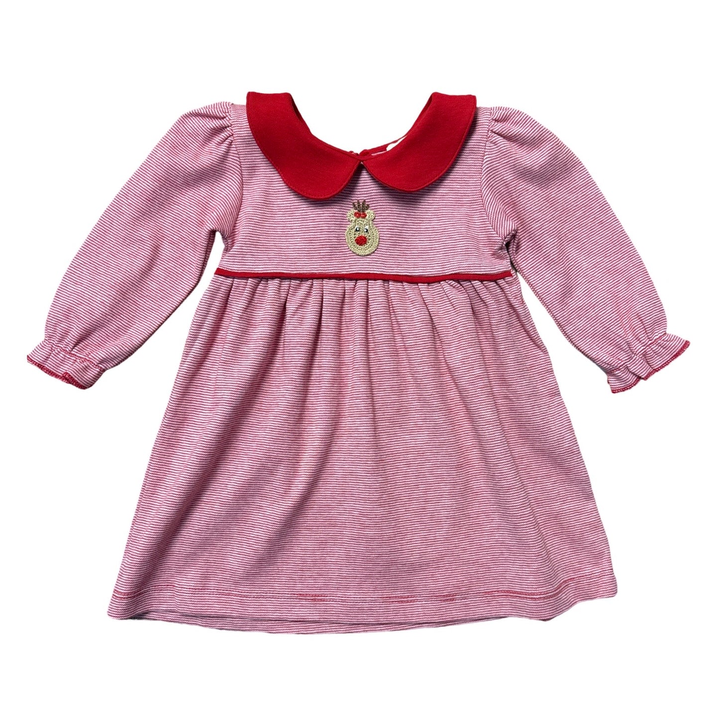 Long Sleeve Collared Crochet Reindeer Red Striped Play Dress