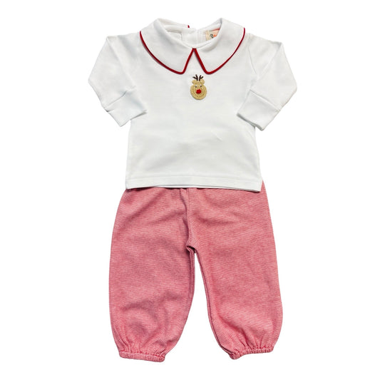 Boy's Long Sleeve Crochet Reindeer Red Stripe Pant Set