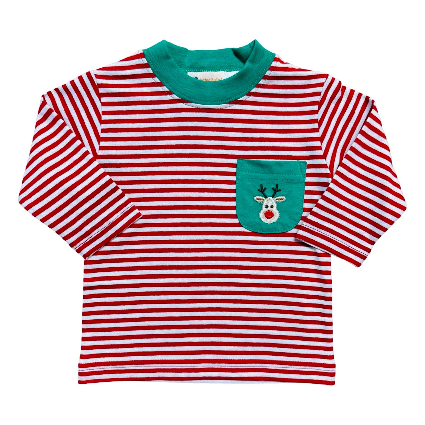 Boy's Long Sleeve Red Stripe T-Shirt, Green Pocket & Reindeer Embroidery