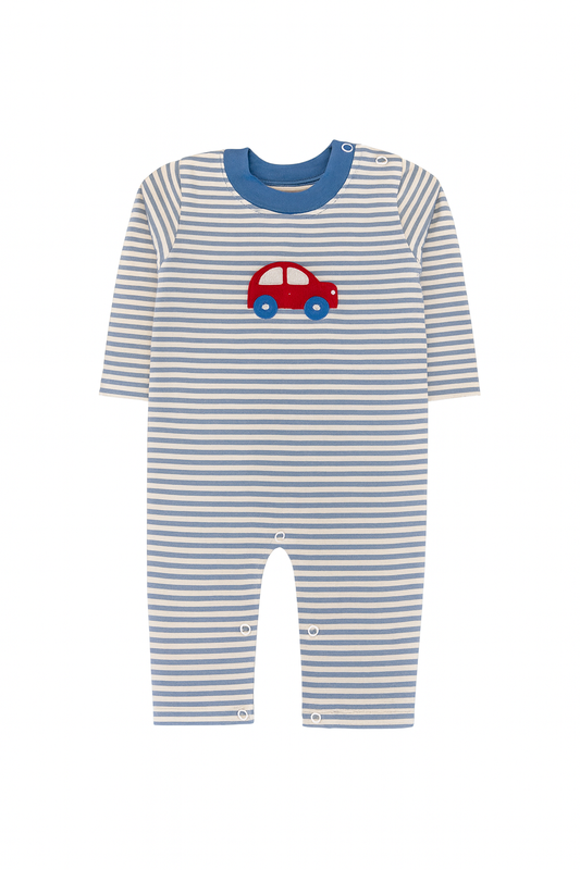 Long Sleeve Striped Applique Romper, Car