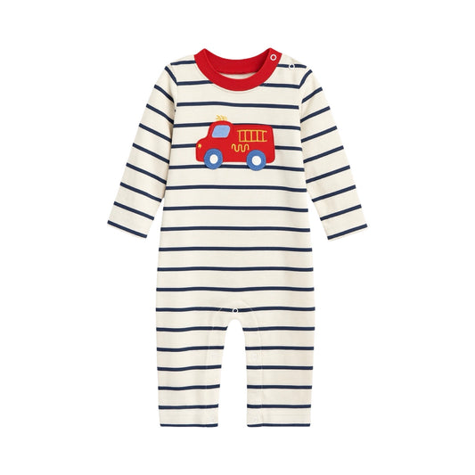 Long Sleeve Striped Applique Romper, Firetruck