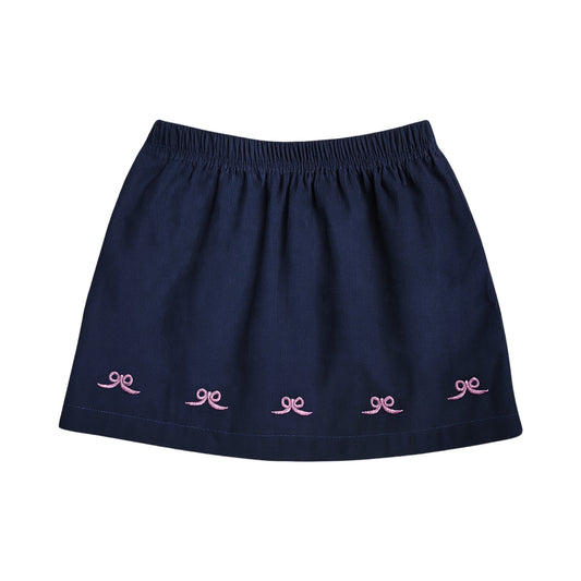 Girl's Navy Corduroy Embroidered Pink Bows Skort