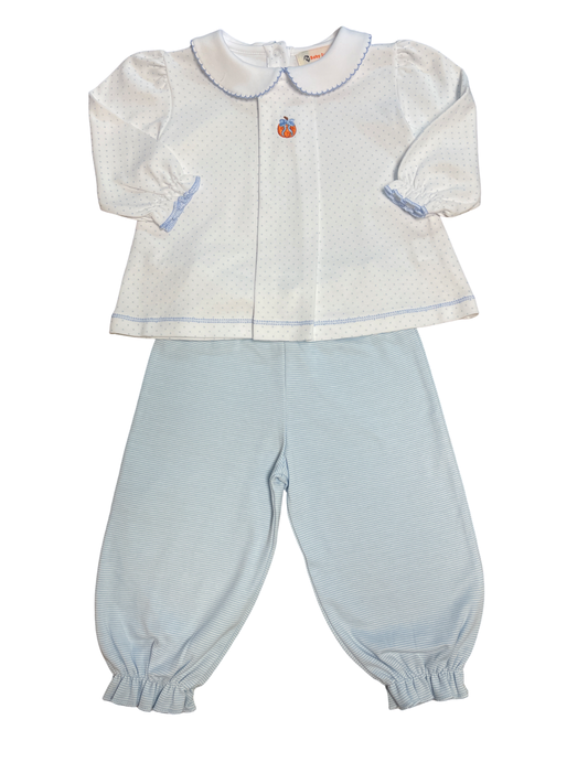 Girl's Embroidered Pumpkin Blue Dot & Stripe Pant Set