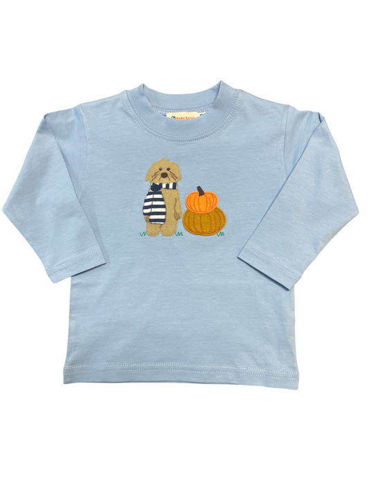 Boy's Long Sleeve Sky Blue Dog with Scarf & Pumpkins T-Shirt