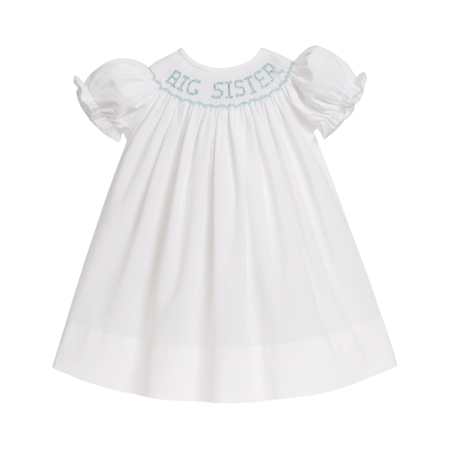 Girl's White Bishop Smocked Dress, Blue Big Sister