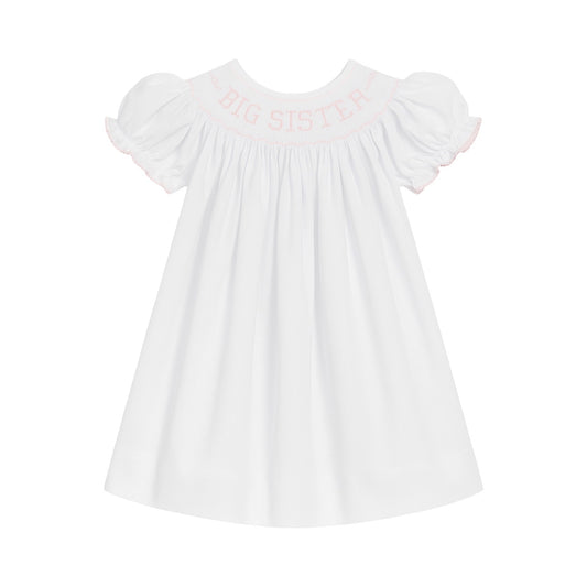 Girl's White Bishop Smocked Dress, Pink Big Sister