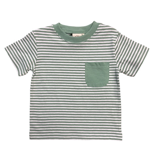 Boy's Short Sleeve Sage Green Striped T-Shirt with Pocket