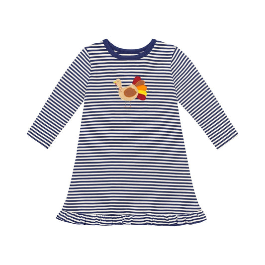 Long Sleeve Striped Applique Dress with Ruffle, Turkey