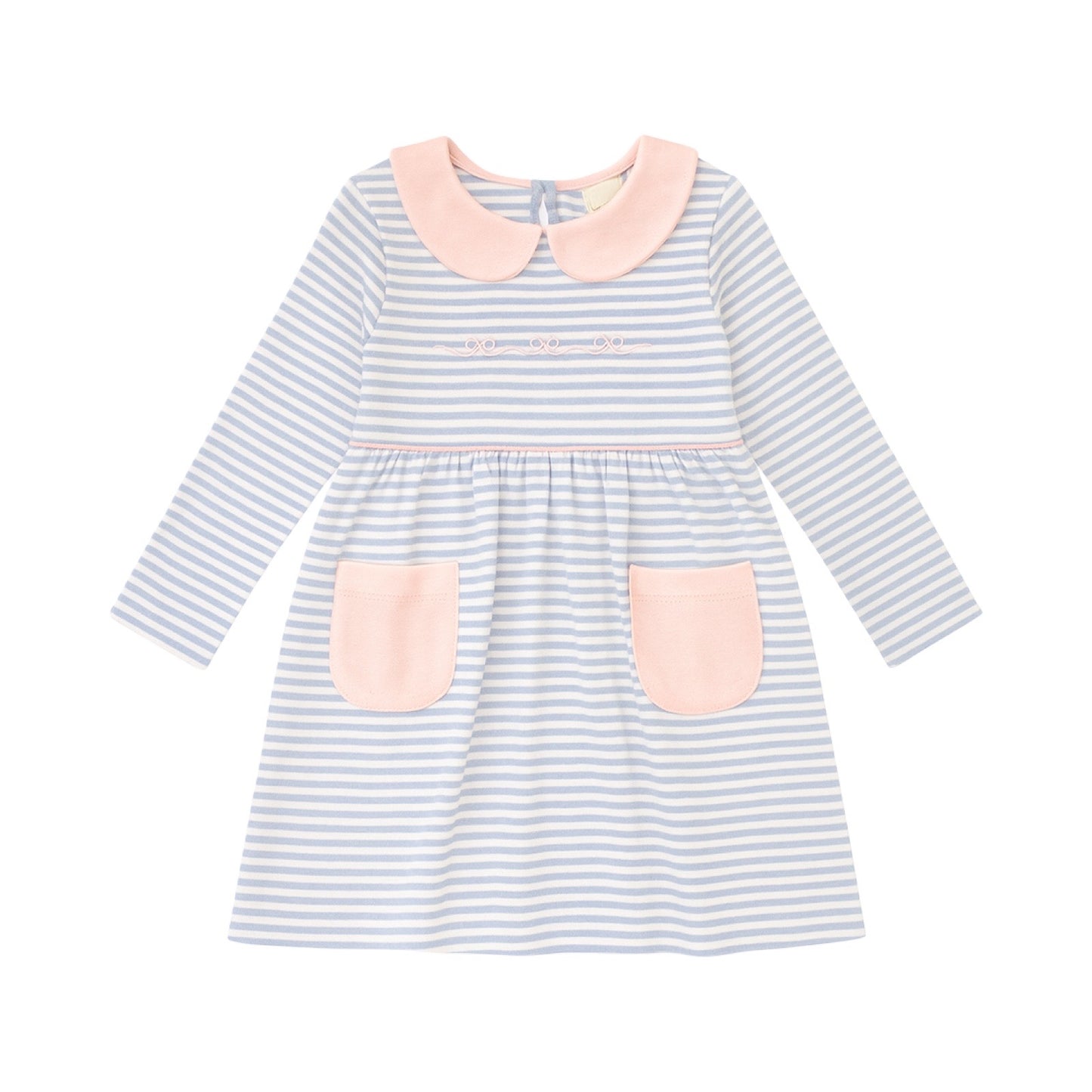 Long Sleeve Striped Collared Pocket Play Dress, Bows