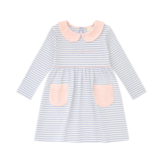 Long Sleeve Striped Collared Pocket Play Dress, Bows