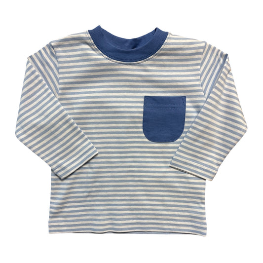 Boy's Long Sleeve Light Blue Stripe T-Shirt with Chambray Pocket