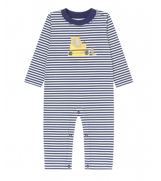 Long Sleeve Applique Striped Romper, Bulldozer